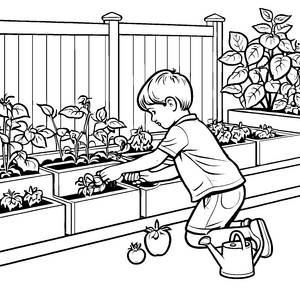 Detailreiche Tomatenpflanzen im Gemüsebeet Ausmalmotiv für junge Gartenkünstler