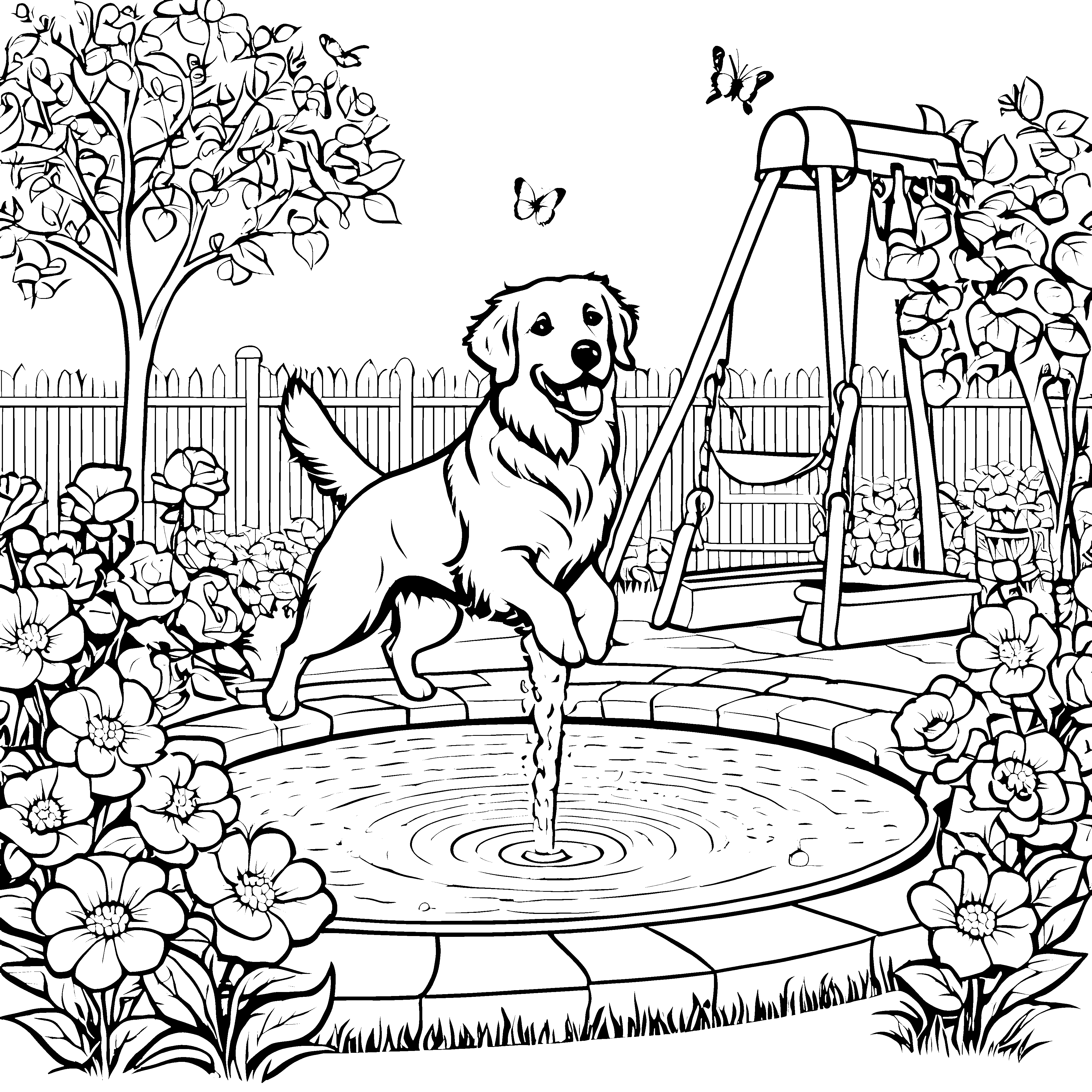 Fröhlicher Golden Retriever beim Plantschen im Garten Ausmalbild für spielbegeisterte Entdecker