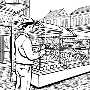 Kreativer Fotograf auf buntem Markt Ausmalvorlage für kleine Entdecker