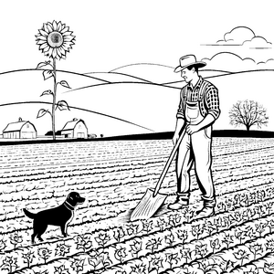 Fröhlicher Bauer mit treuem Hund im Garten Ausmalbild für kleine Naturforscher
