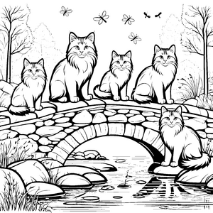 Fünf charmante Norwegische Waldkatzen auf steinerner Brücke Ausmalbild für kreative Tierfreunde