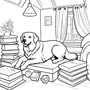 Süßer Golden Retriever auf gemütlichem Lesesofa Ausmalbild für wissbegierige Entdecker