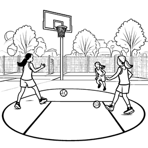 Drei sportliche Mädchen beim Basketballspiel Ausmalvorlage für junge Sporthelden