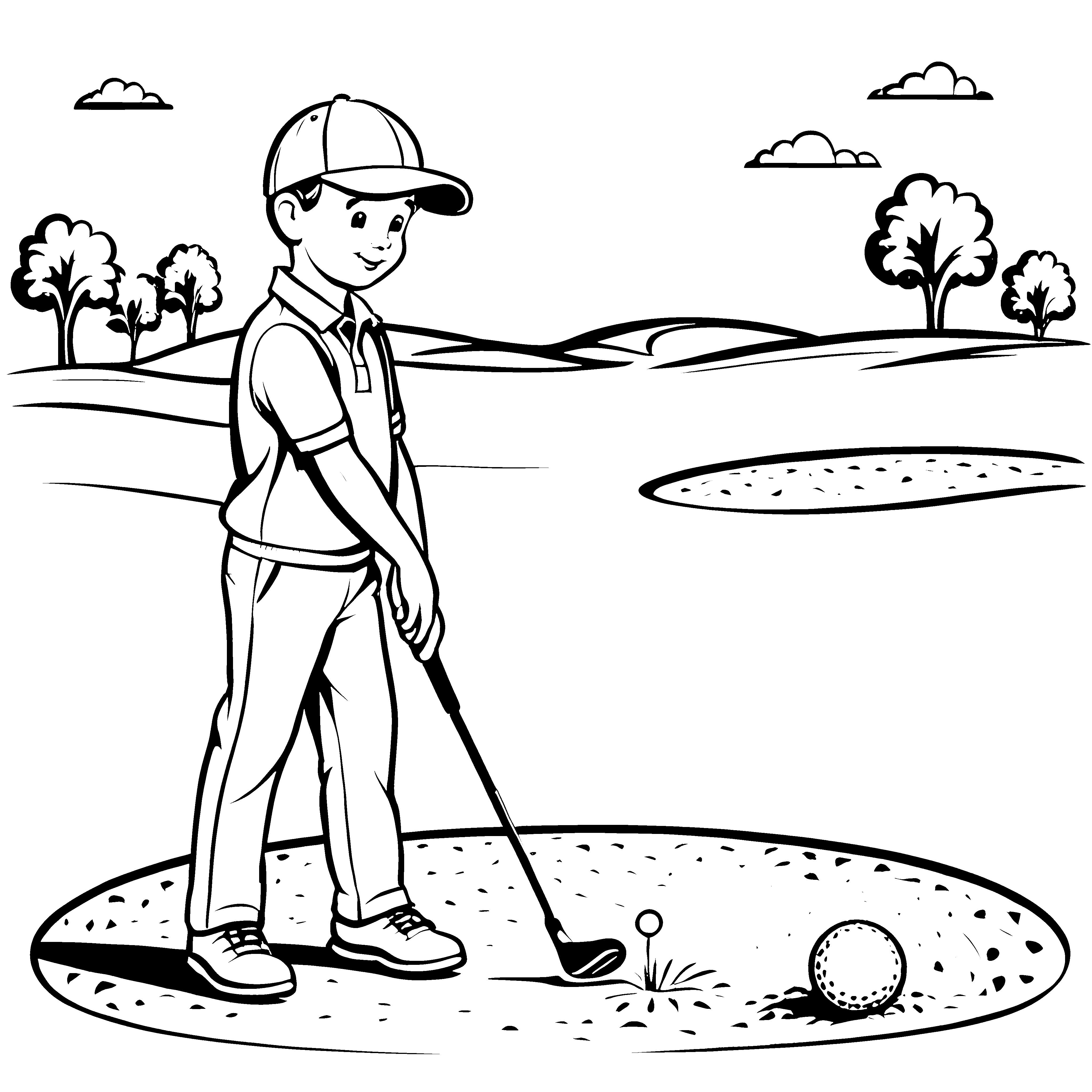 Zielstrebiger Junge beim Golfspiel Ausmalvorlage für kleine Sportfreunde