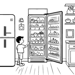Kreativer Junge entdeckt frisches Obst im Kühlschrank Ausmalbild für neugierige Küchenchefs