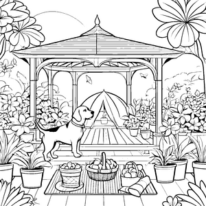 Beagle in blühendem Garten mit Picknick Zubehör Ausmalvorlage für fröhliche Tierfreunde