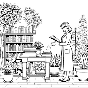 Fleißige Bibliothekarin mit blühenden Pflanzen Ausmalbild für kreative Bücherfreunde