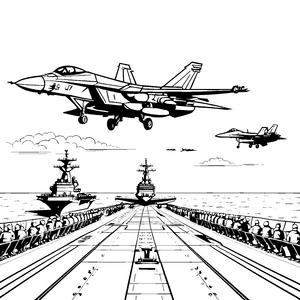 Majestätischer Flugzeugträger mit schnellen Jets Ausmalmotiv für kleine Piloten