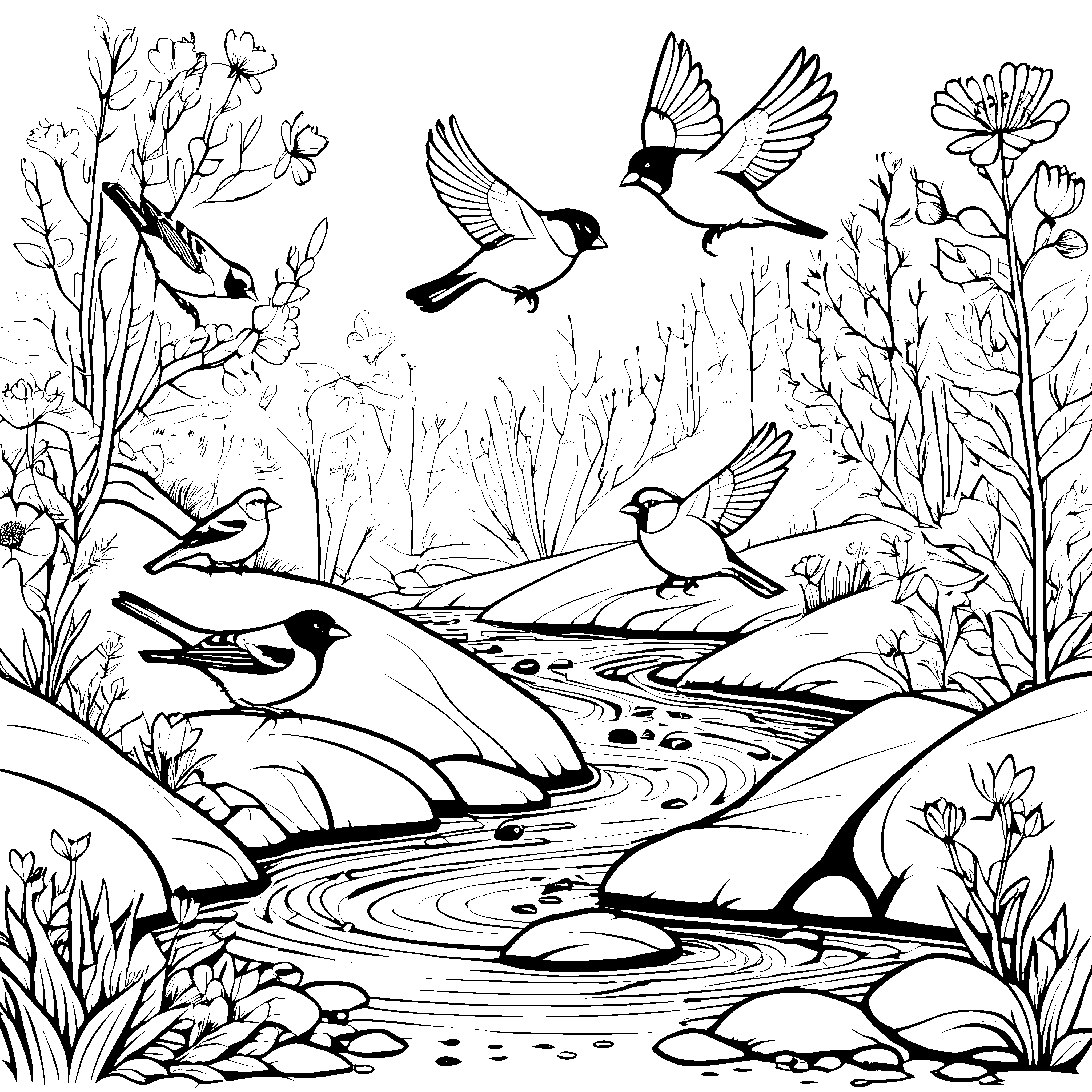 Fröhliche Vögel um funkelndes Wasser Malvorlage für neugierige Naturforschende