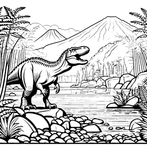 Majestätischer T-Rex am Ufer eines prähistorischen Flusses Ausmalbild für junge Dino-Fans