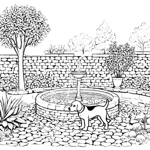 Beagle erkundet den sprudelnden Gartenbrunnen Ausmalvorlage für neugierige Naturentdecker