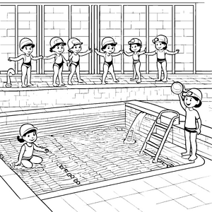 Spritziger Schwimmspaß mit fröhlichen Wasserfreunden Ausmalbild für kleine Wasserratten