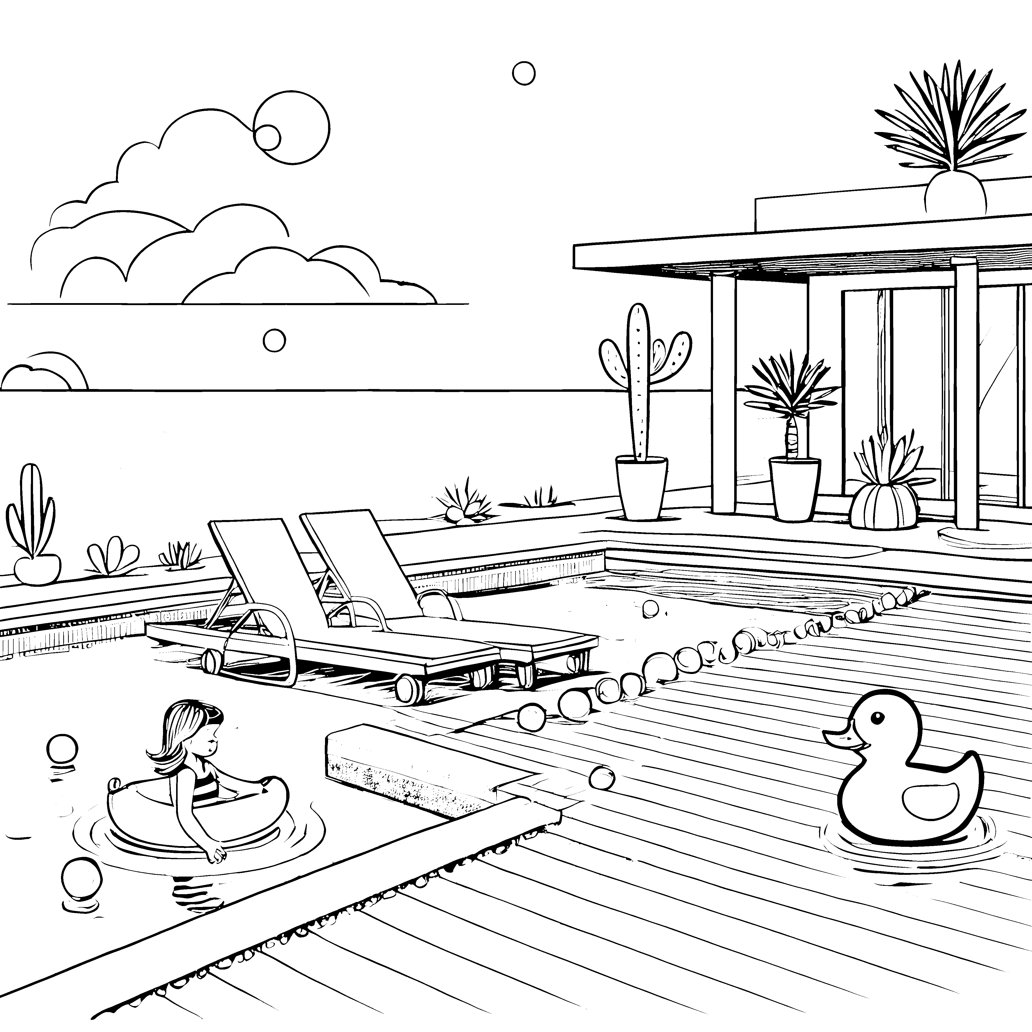 Entspannende Strandliegen am kühlen Pool Ausmalbild für spritzige Wasserratten