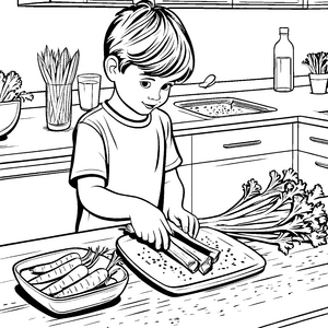 Fröhlicher Junge beim Sellerie schneiden Ausmalvorlage für kleine Küchenchefs