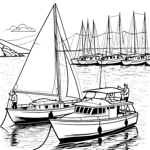 Schicke Yachten im Hafen mit fröhlichen Kapitänen Ausmalbild für kleine Seefahrer