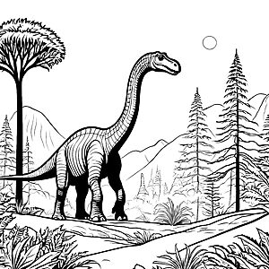 Majestätischer Brachiosaurus in urzeitlicher Landschaft Ausmalbild für angehende Dino-Entdecker