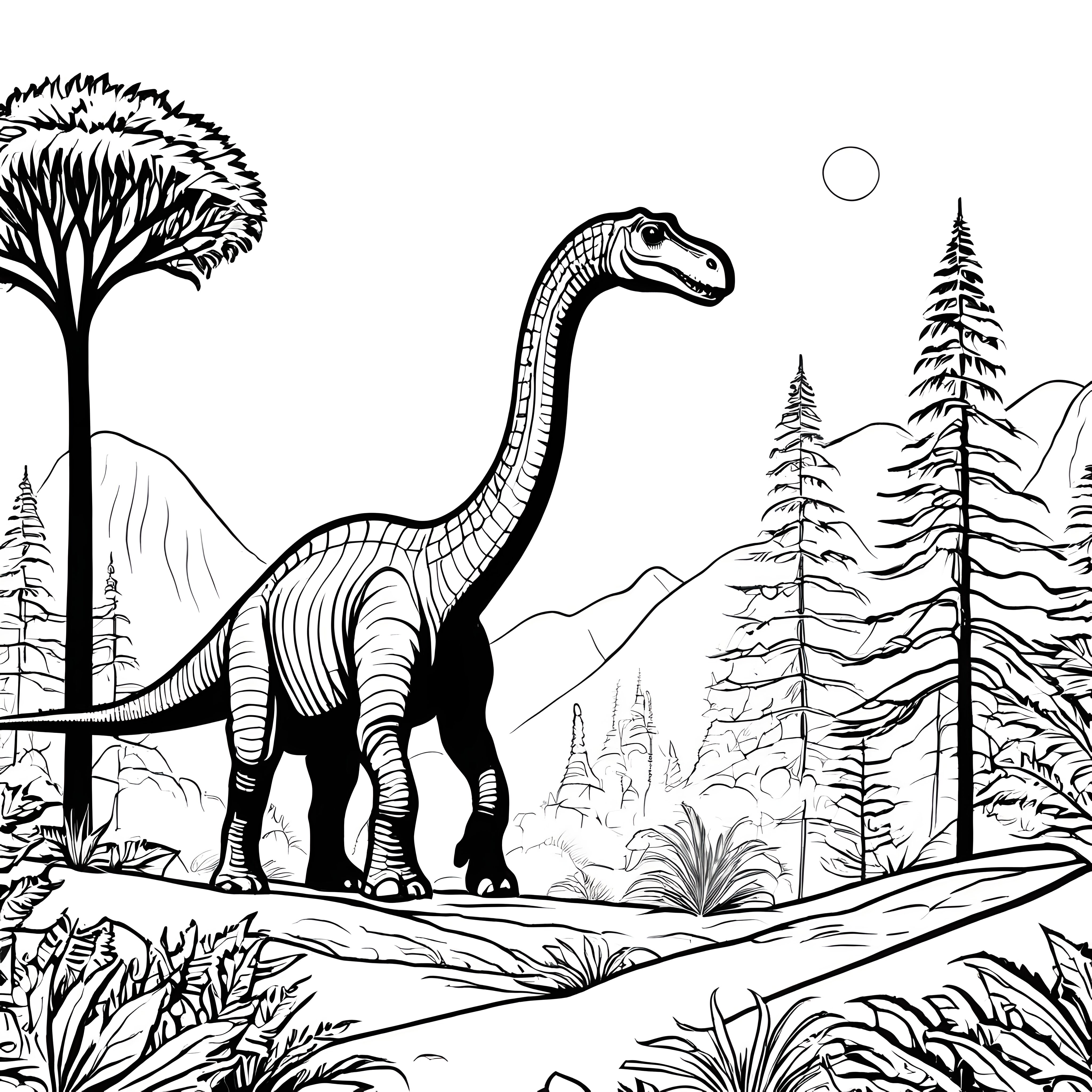 Majestätischer Brachiosaurus in urzeitlicher Landschaft Ausmalbild für angehende Dino-Entdecker