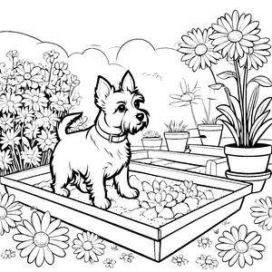 Verspielter Yorkshire Terrier im blühenden Garten Ausmalmotiv für kleine Pflanzenfreunde