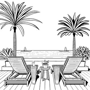 Entspannende Strandliegen mit palmenreicher Aussicht Ausmalmotiv für sonnige Entdecker