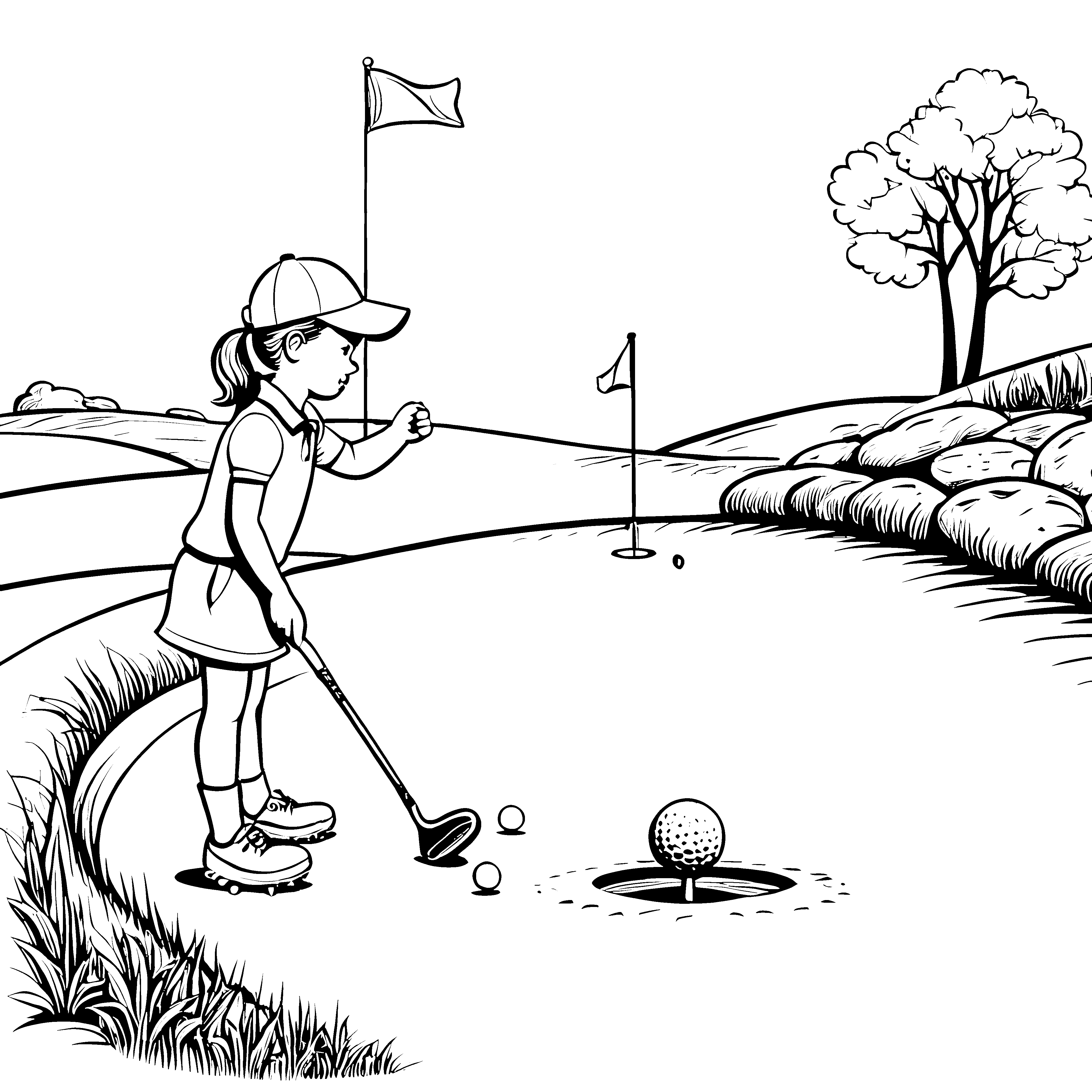 Kreative Golferin mit perfektem Puttschlag Ausmalbild für kleine Sportler