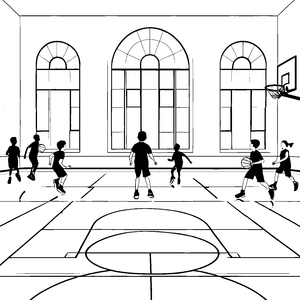 Dynamische Basketballspieler im aufregenden Spiel Ausmalvorlage für sportliche Entdecker