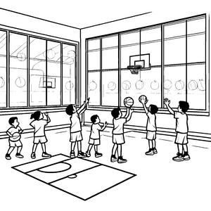 Spaßige Basketballspieler beim Korbwurf Ausmalbild für kleine Sportstars
