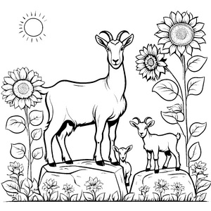 Zwei fröhliche Ziegen unter strahlender Sonne Ausmalvorlage für kleine Naturentdecker