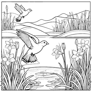 Schwungvolle Vögel im floralen Paradies Ausmalbild für kleine Naturliebhaber