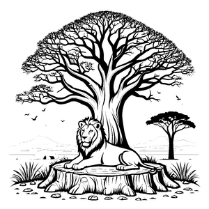 Majestätischer Löwe auf Baumstumpf im afrikanischen Grasland Ausmalbild für abenteuerlustige Naturfreunde