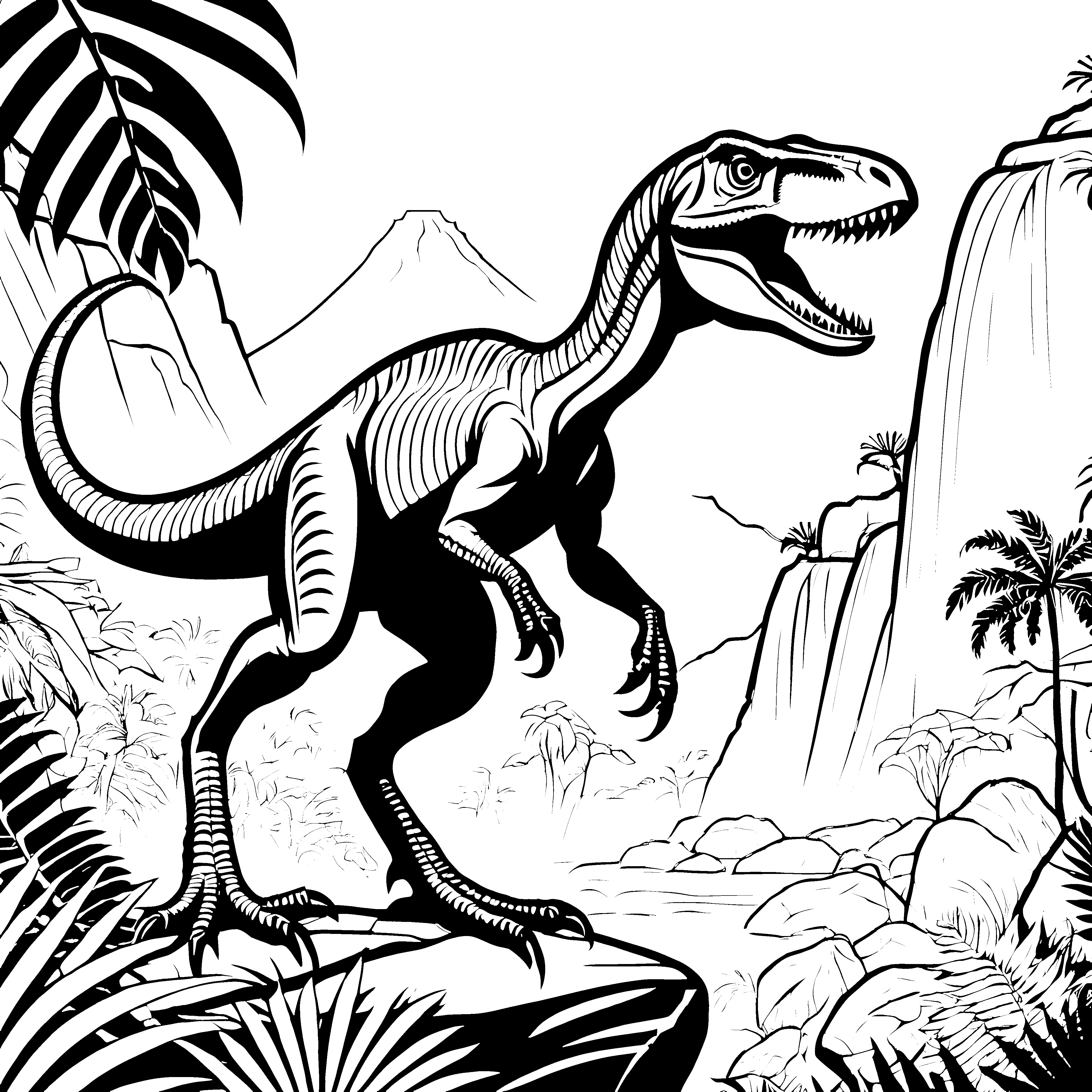 Schneller Velociraptor auf steilem Felsen Ausmalbild für mutige Entdecker