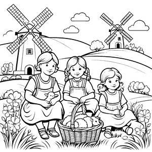 Fröhliche Mädchen mit Lämmern und Windmühlen Ausmalmotiv für fröhliche Landentdecker