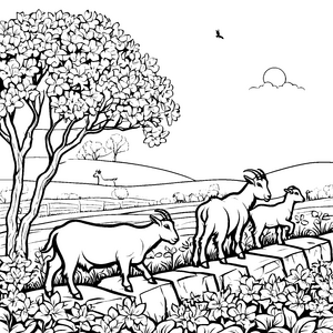 Ziegenfamilie erkundet die blühende Wiese Ausmalvorlage für kleine Naturfreunde