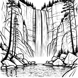 Beeindruckender Wasserfall mit sprudelndem Pool Ausmalvorlage für abenteuerlustige Naturfreunde
