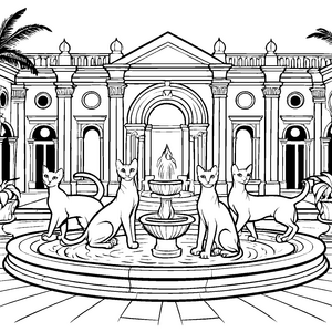 Sphynx Katzen beim Wasserfest am Brunnen Ausmalbild für elegante Katzenfreunde