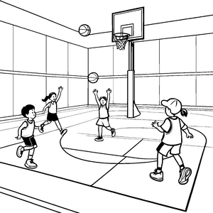 Kreative Kids beim spektakulären Basketballspiel Ausmalvorlage für sportliche Talente