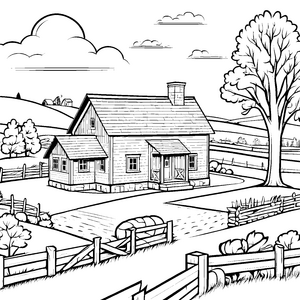 Gemütliches Landhaus mit buntem Garten Ausmalbild für kleine Naturfreunde