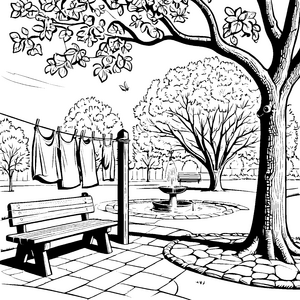 Entspannende Wäscheleine im blühenden Garten Ausmalbild für neugierige Entdecker