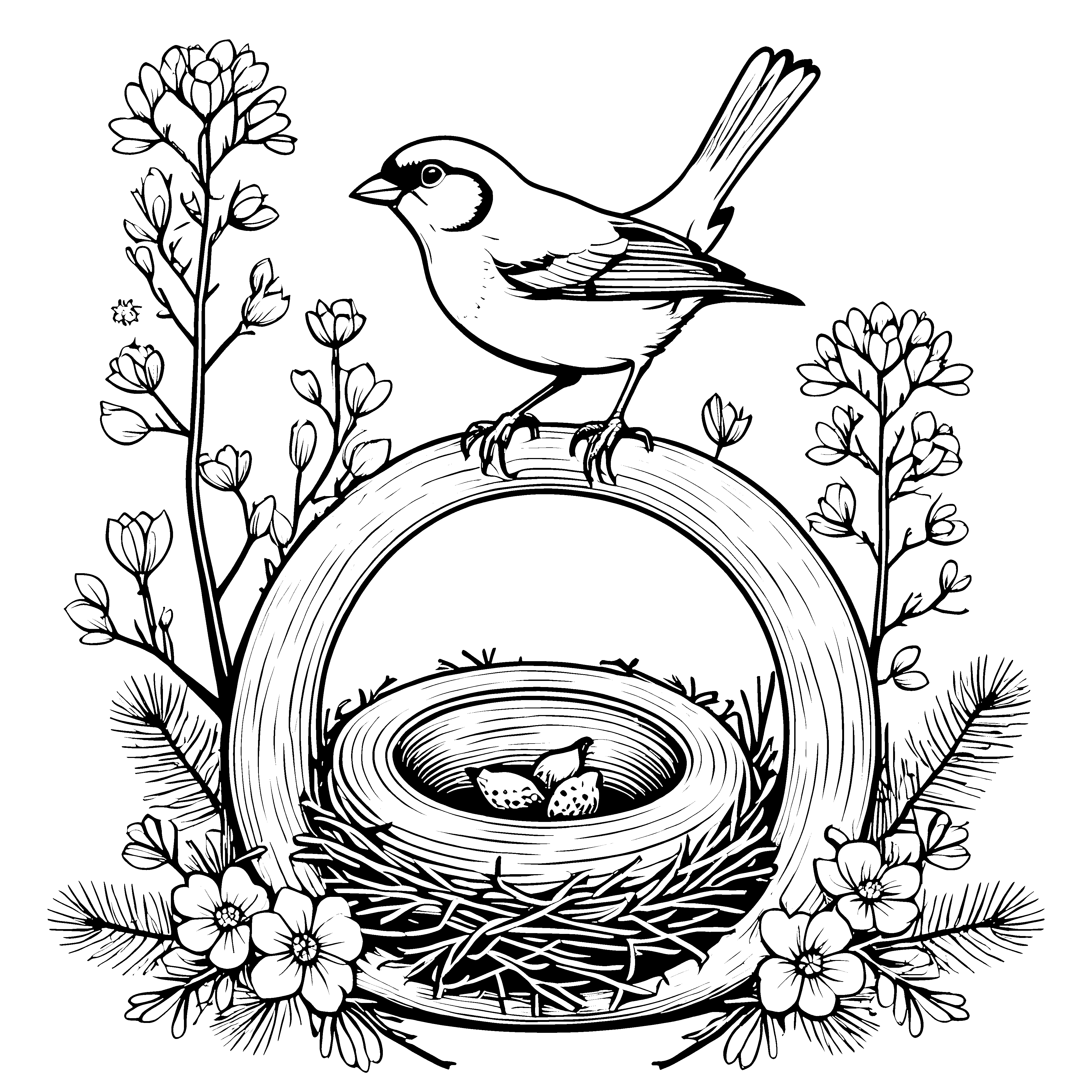Fröhlicher Spatz auf einem bunten Nest Ausmalvorlage für kleine Naturfreunde