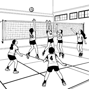 Faszinierendes Volleyballmatch mit teamfähigen Spielern Ausmalmotiv für dynamische Sportler