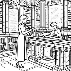 Wissbegieriger Junge mit lesender Bibliothekarin Ausmalvorlage für kleine Bücherwürmer