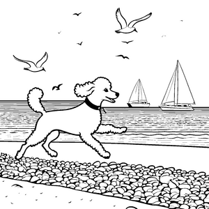 Witziger Pudel beim frohen Strandspaziergang Ausmalbild für abenteuerlustige Tierfreunde