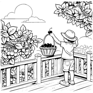 Kreatives Kirschensammeln auf dem Balkon Ausmalbild für kleine Obstliebhaber