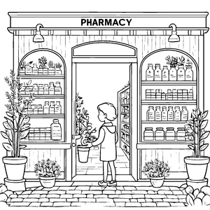 Blühende Pflanzen vor der Apotheke Ausmalmotiv für neugierige Botaniker