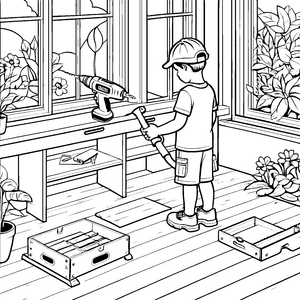 Elegante Bohrmaschine im Gartenstudio Ausmalvorlage für kleine Handwerker