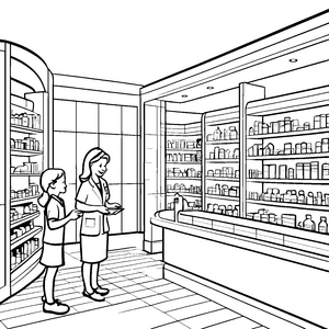 Lebhafte Apotheke mit fröhlicher Pharmazeutin Ausmalbild für wissbegierige Entdecker