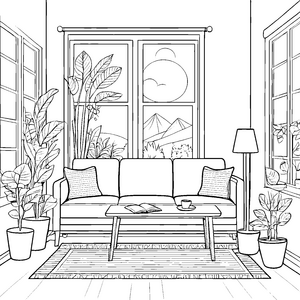 Gemütliches Wohnzimmer mit stilvollem Dreisitzer-Sofa Ausmalvorlage für kreative Raumgestalter