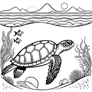 Majestätische Schildkröte im bunten Unterwasserparadies Ausmalbild für kleine Meeresforscher