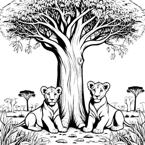 Kuschelige Löwenbabys unter schattenspendendem Baum Ausmalbild für abenteuerliche Tierfreunde