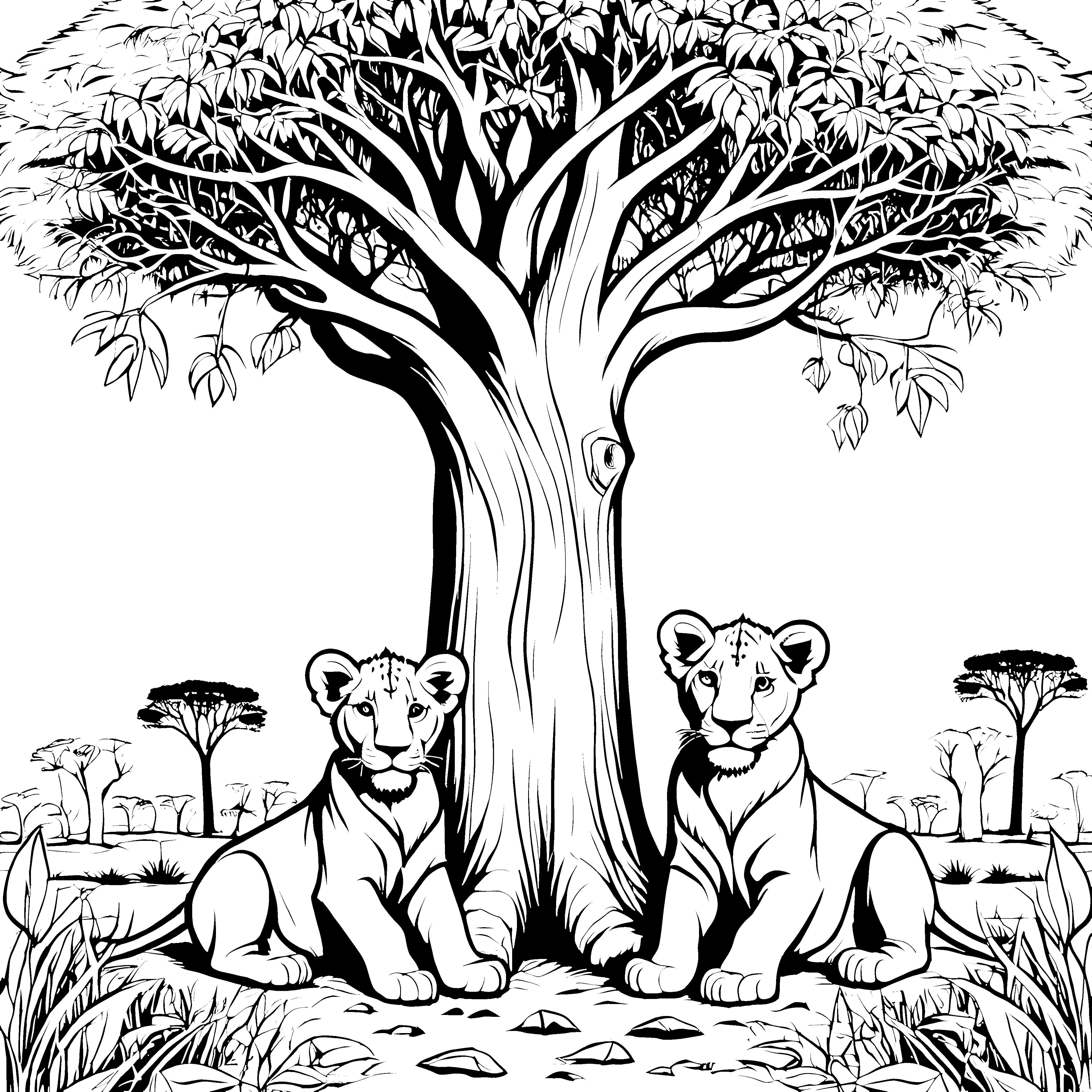 Kuschelige Löwenbabys unter schattenspendendem Baum Ausmalbild für abenteuerliche Tierfreunde