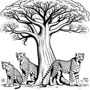 Verspielte Geparden-Jungtiere unter schattenspendendem Baum Ausmalvorlage für kleine Tierentdecker